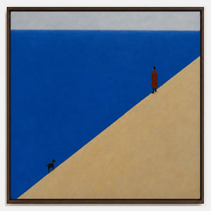 Hand-painted figure and dog canvas divided by cobalt blue and sand.