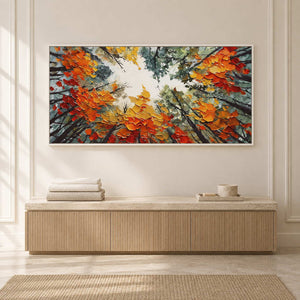 Bright foliage artwork above a low ribbed cabinet in a pale paneled interior.