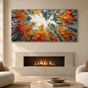 Upward-looking tree painting above a pale fireplace between neutral lounge seats.
