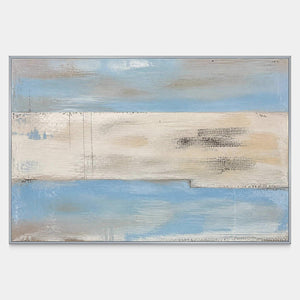 Hand-painted horizontal coastal abstract canvas with blue, ivory, sand, and charcoal bands.