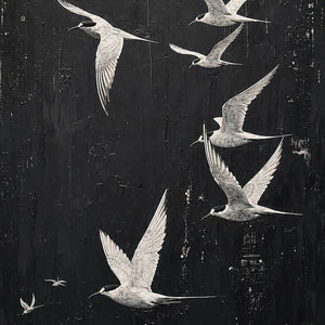 Detail of Birds over Midnight, showing the pale birds and dark textured ground.