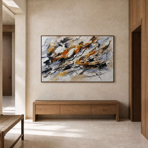 Textured gestural artwork displayed in a natural wood entryway.