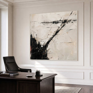 Textured modern wall art in a sophisticated office with a white frame.
