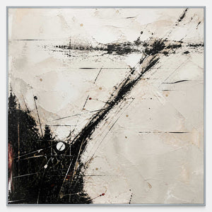 Hand-painted abstract wall art with sweeping black marks on layered ivory.