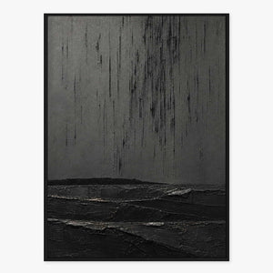 Charcoal rain marks descending over sculpted black terrain in a vertical composition.
