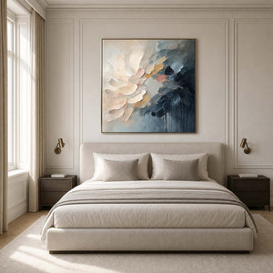 Soft floral abstract wall art styled above a quiet London bedroom.