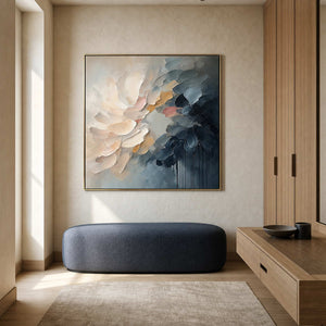 Textured floral painting displayed in a boutique hotel dressing lounge.