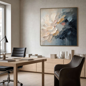 Modern floral abstract canvas displayed in a Copenhagen creative director office.