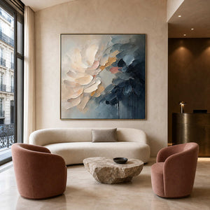 Square textured floral painting displayed in a Paris design hotel reception.