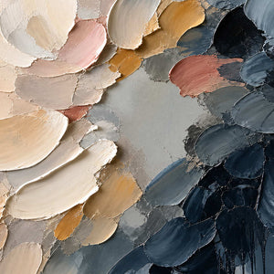 Close-up of raised ivory, blush, gold, and storm blue petals.