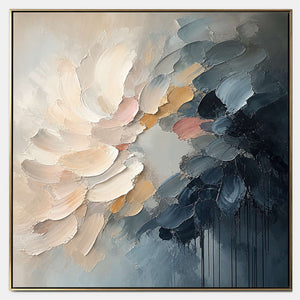 Hand-painted floral abstract canvas in ivory, blush, gold, and storm blue.