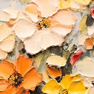 Close view of raised cream and orange petals, dark flower centers, and green leaves.