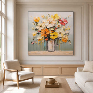 Black framed floral painting above wood paneling between two chairs in a sitting room.