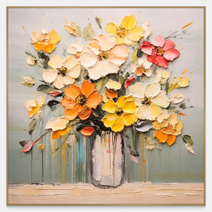 Square floral painting with raised cream and golden petals arranged in a pale vase.