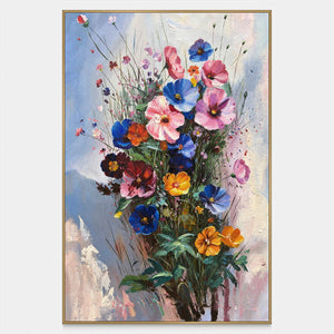 Front view of pink, blue and orange flowers on fine stems with dark green leaves against pale blue, with a gold-colored frame.