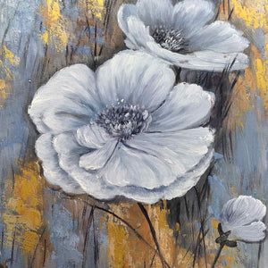 Detail of two white blooms, slender dark stems and a small bud against ochre and blue gray.