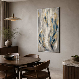 Textured blue abstract wall art displayed in a refined designer dining room.