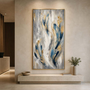Vertical textured abstract wall art displayed in a contemporary gallery reception.