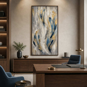 Tall modern abstract artwork displayed in a high-end executive office.