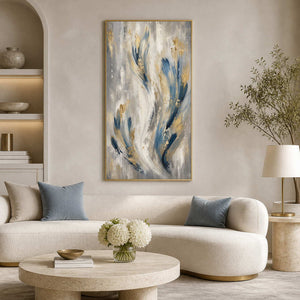 Tall blue and gold abstract wall art displayed in a luxury living room.