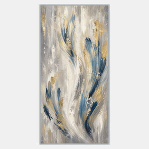Textured blue ivory gray and gold abstract with sweeping vertical brushwork.