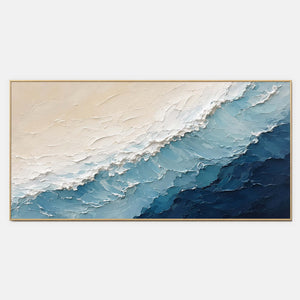 Hand-painted textured coastal wall art in blue, white, and neutral.