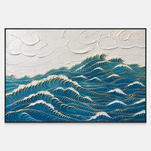 Hand-painted deep blue waves edged with gold canvas with raised texture.