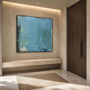 Weathered blue canvas displayed in a pale stone entryway.