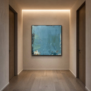 Aqua Wabi-Sabi artwork viewed along a quiet contemporary hallway.