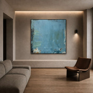 Blue Wabi-Sabi abstract wall art in a warm modern living room.