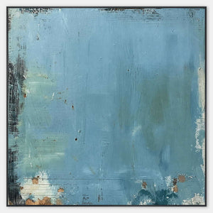 Hand-painted square aqua canvas with weathered dark edges and rust traces.