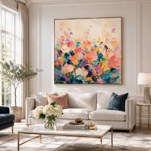 Abstract floral wall art styled in a modern living room.