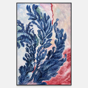 Front view of branching deep blue forms curling upward over pale pink, cream and red, with a black frame.