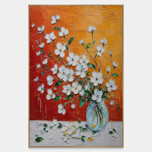 Hand-painted white blossoms against vermilion and burnt orange in a glass vase.