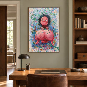 Artwork showing a dark-haired, wide-eyed character above a rounded pink creature amid colorful rings in a study with a desk, with a brown wood-look frame.