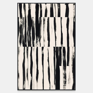 Vertical black and white abstract artwork with uneven brushstrokes arranged in offset sections.