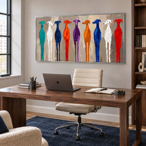 Cheerful Company in a silver frame above a dark wood desk and cream office chair with a navy rug below.