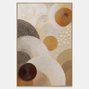 Hand-painted layered circles in gold, brown, and ivory canvas with raised texture.