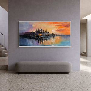 Textured Cityscape Wall Art displayed in a refined hospitality lounge.