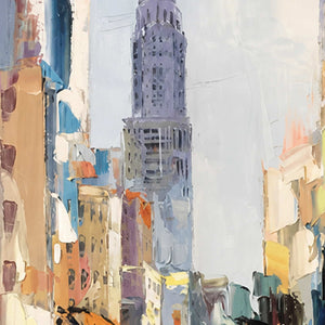 Close view of a lavender spired tower and thick pale strokes defining nearby buildings.