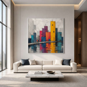 City Reflections in Color wall art in a bright modern living room.