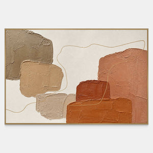 Horizontal abstract wall art with terracotta, taupe, sand, and gold forms.