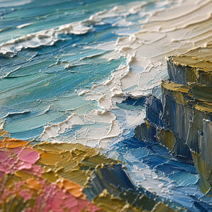 Close-up of raised hand-painted texture in blue, green, and warm tones.