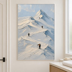 Small climbers following ridges across snowy mountains in a white frame, displayed in a bathroom dry area.