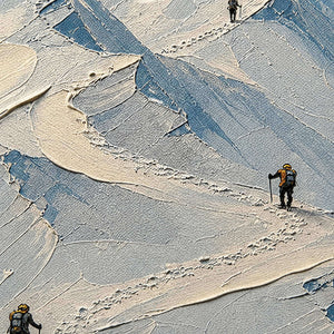 Detail of Climbers in Snow, showing the tiny climbers and sculpted snowy ridges.