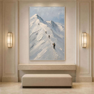 Textured snowy mountain painting in an elegant hotel hallway.
