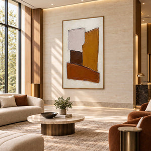 Close at Heart in a brown wood frame above a stone console in a sunlit hotel lounge.