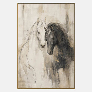Close beneath the Open Sky: a white horse and a dark horse leaning close on an ivory ground, shown in a full artwork view.