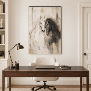 A white horse and a dark horse leaning close on an ivory ground in a black frame, displayed in a home office.
