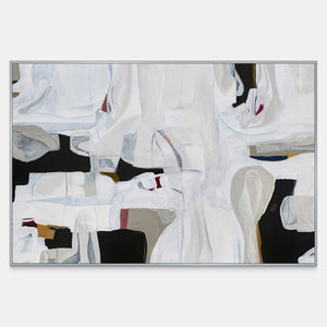 Horizontal abstract artwork with sweeping white fields, charcoal gaps, and restrained colored accents.
